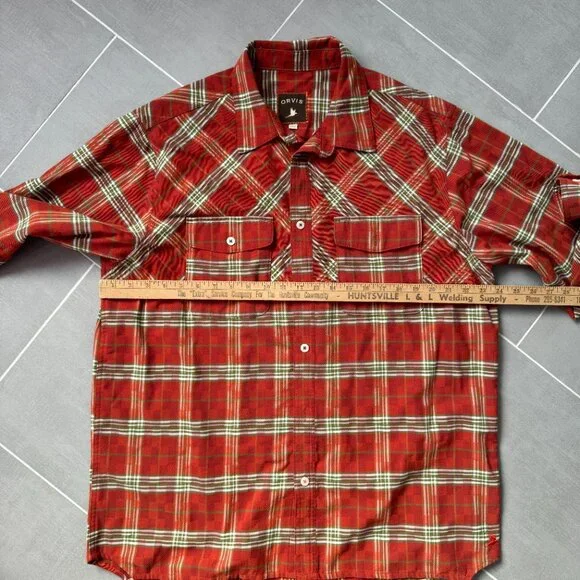 Orvis Heavyweight Orange Green Plaid Field Flannel Button Down Shirt Large - Picture 9 of 10